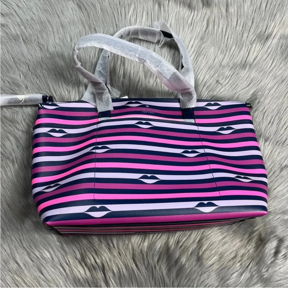 Kate Spade New York Pink Multi Stripe Patrice Lip Print Satchel Purse